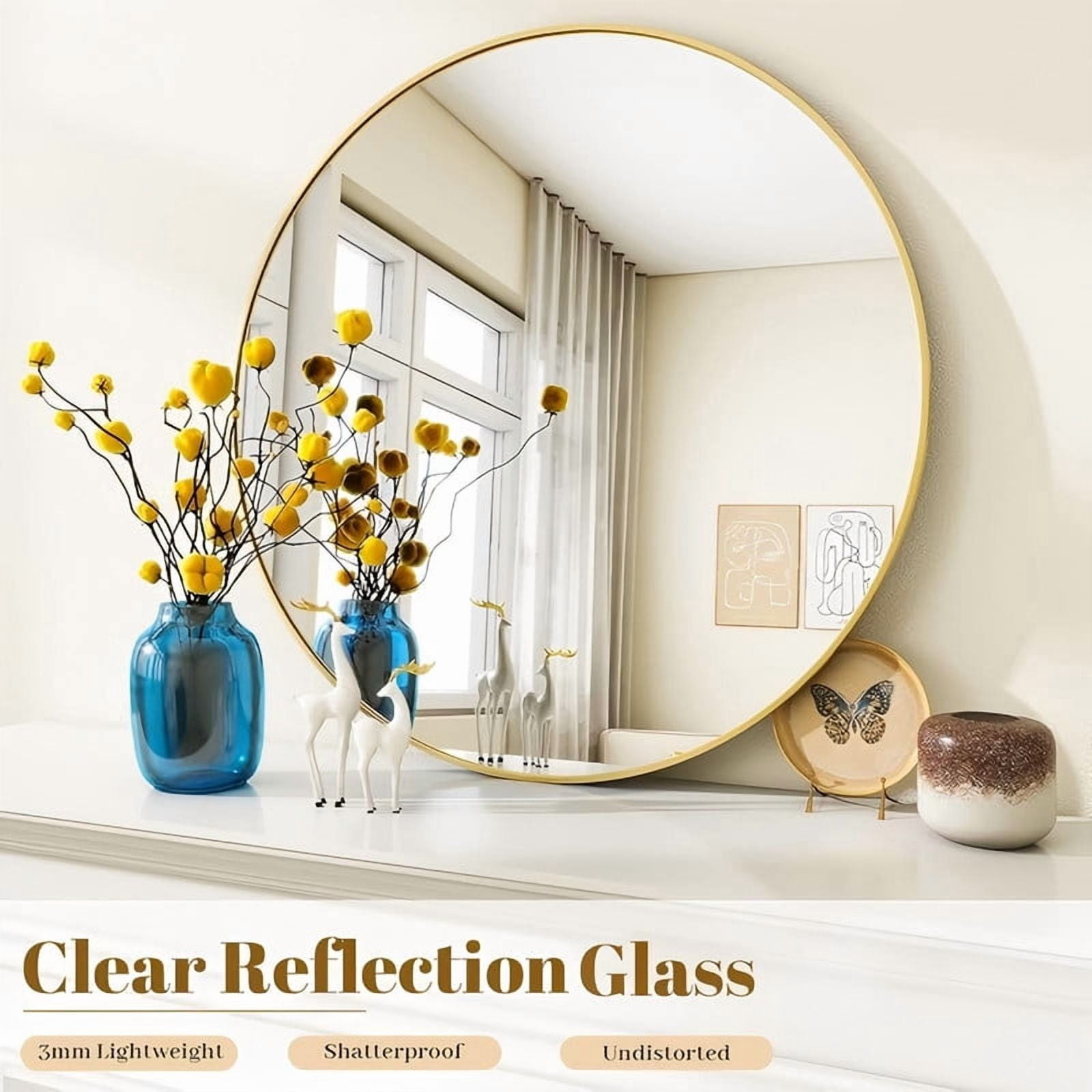 GRAHMCY 30" Round Bathroom Mirror Modern Circle Mirror leaning or Wall Mounted, Gold