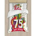 thumbnail image 3 of 75th Birthday Duvet Cover Set King Size, Festive and Geometrical Colorful Cartoon Style Label in Vibrant Colors Print, Decorative 3 Piece Bedding Set with 2 Pillow Shams, Multicolor, by Ambesonne, 3 of 3