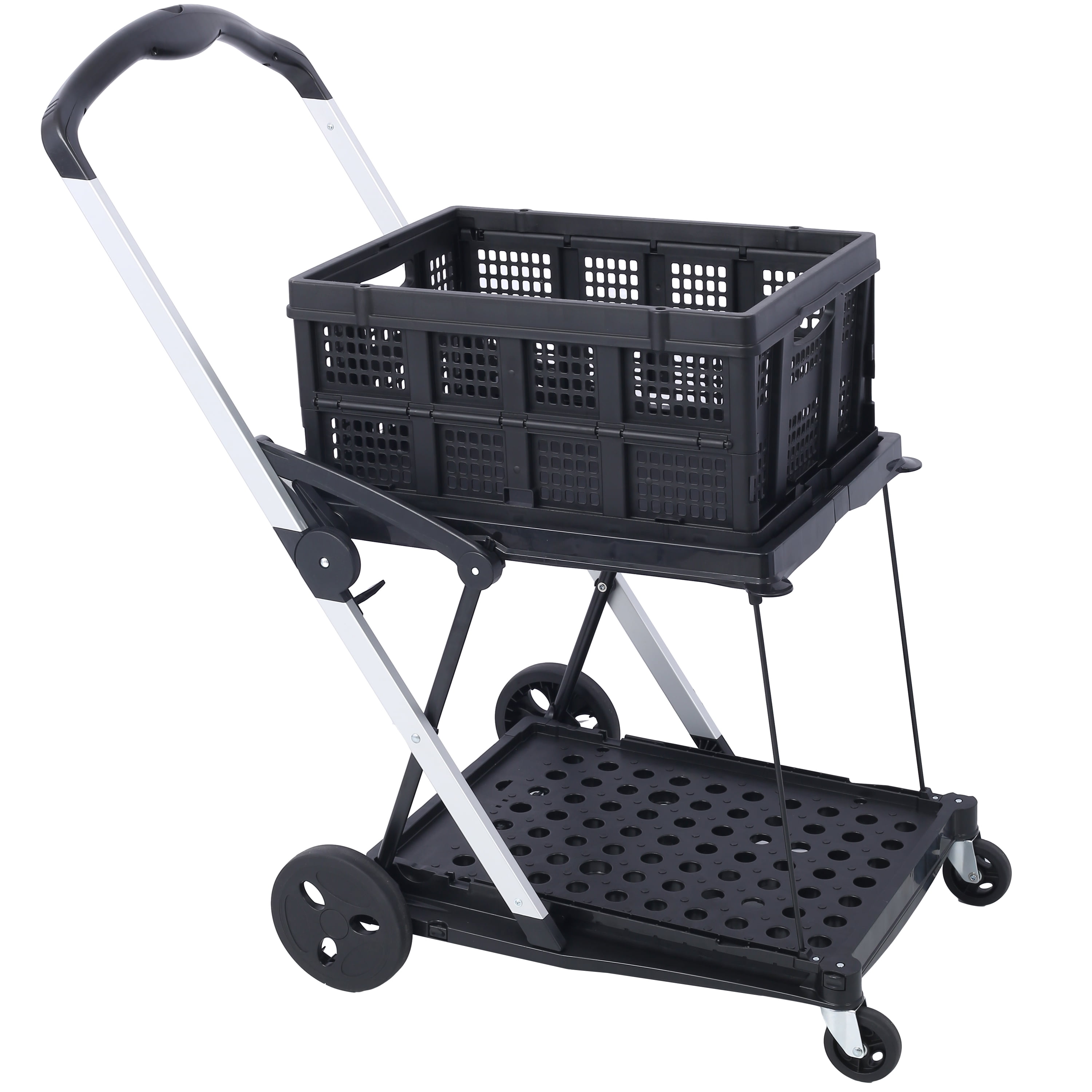 2-Tier Collapsible Utility Cart with Basket, Aluminum Steel Frame, 360° Swivel Wheels & Foot Brake, One-Hand Fold Portable Shopping Cart, Heavy Duty for Shopping Warehouse Home Office