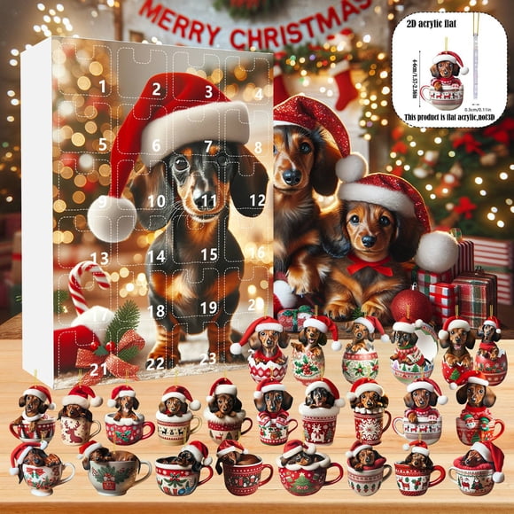 Calendario de Adviento de Navidad 2026 con adorno de perro salchicha y gorro de Papá Noel | Juego de colgante de perro salchicha de 24 días | Adorno festivo de acrílico para árbol | Regalo de