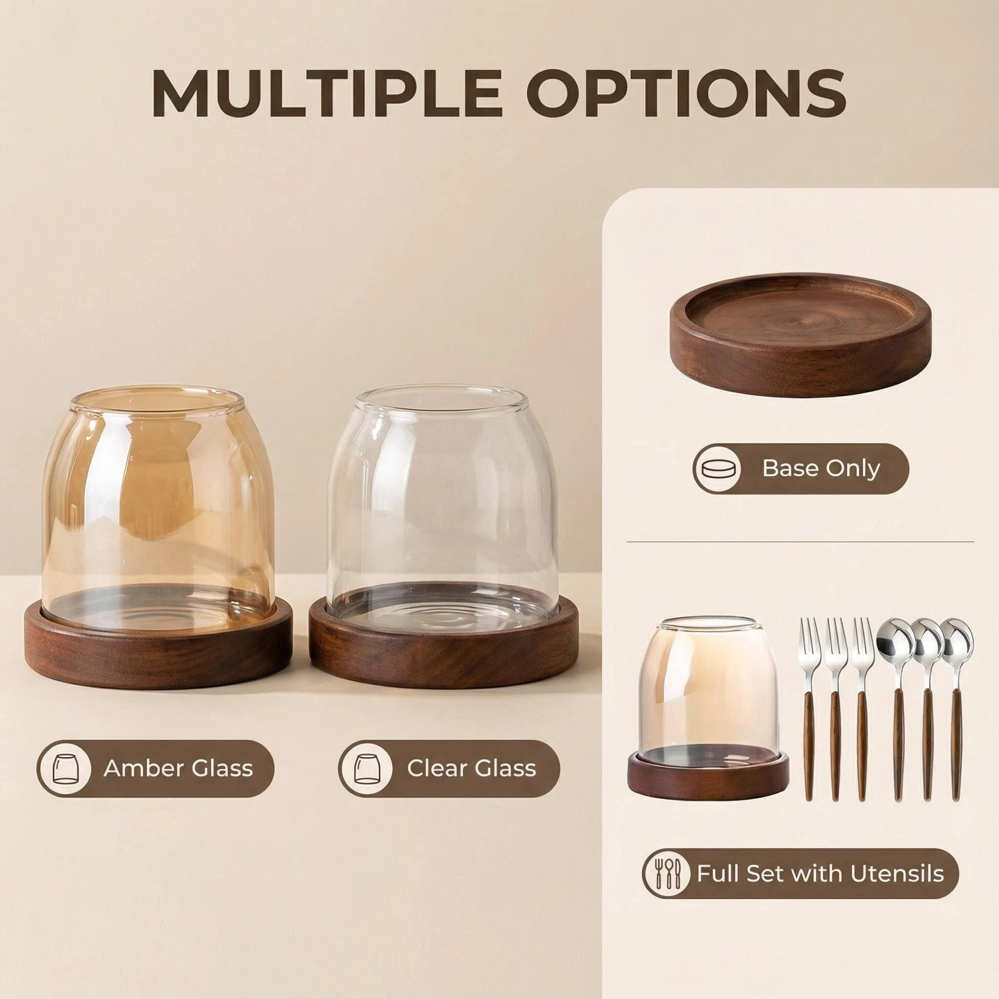 Glass Utensil Holder With Wooden Base,Fork And Spoon Set With Wood Handles,Cutlery Caddy For Kitchen Afternoon Tea Ice Cream Cake Stainless Steel