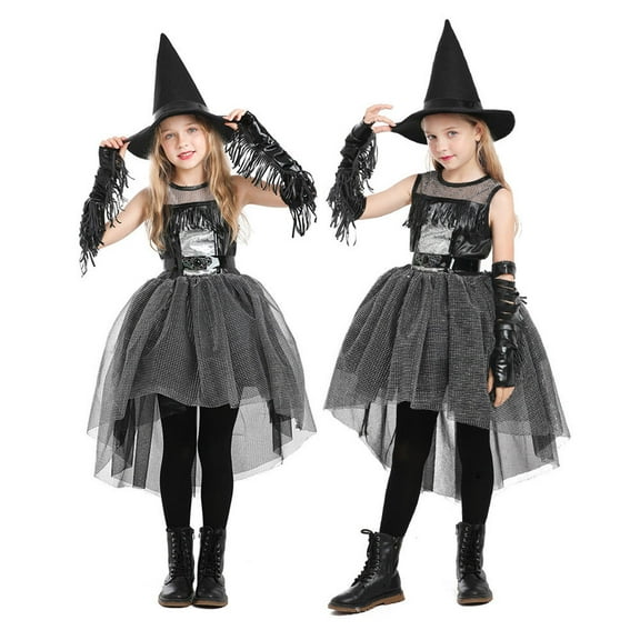 Girls Witch Halloween Costume Dress Raven Witch Cosplay Outfit Suit