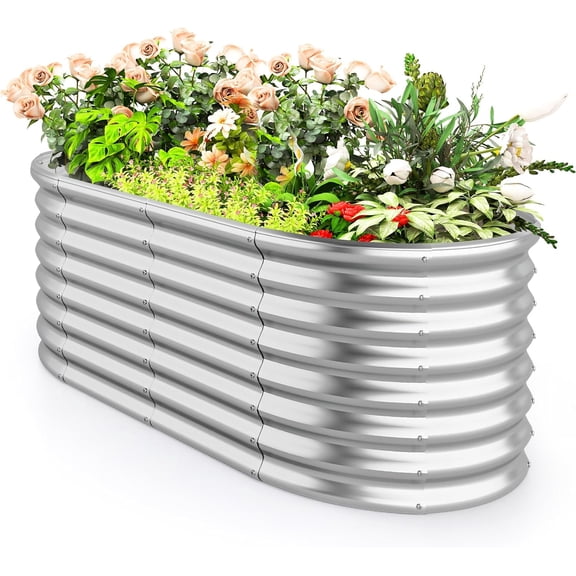 5x3x2ft Raised Garden Bed, Large Metal Elevated Oval Planter Bed, 193 Gallon Capacity, Outdoor Planting Garden Box for Vegetable Flower Herb Grow (Silver)