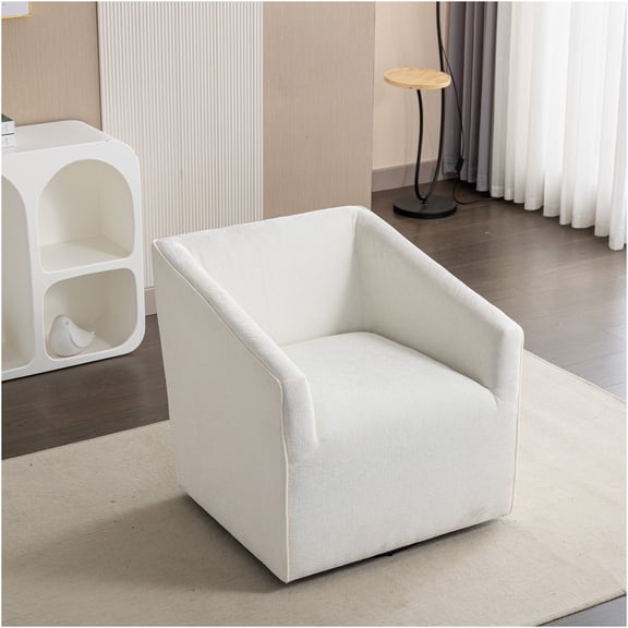 JERFIT Modern Swivel Barrel Chair, Upholstered Accent Armchair with 360 Rotation, Plush Chenille Fabric, for Living Room, Bedroom, Office, White