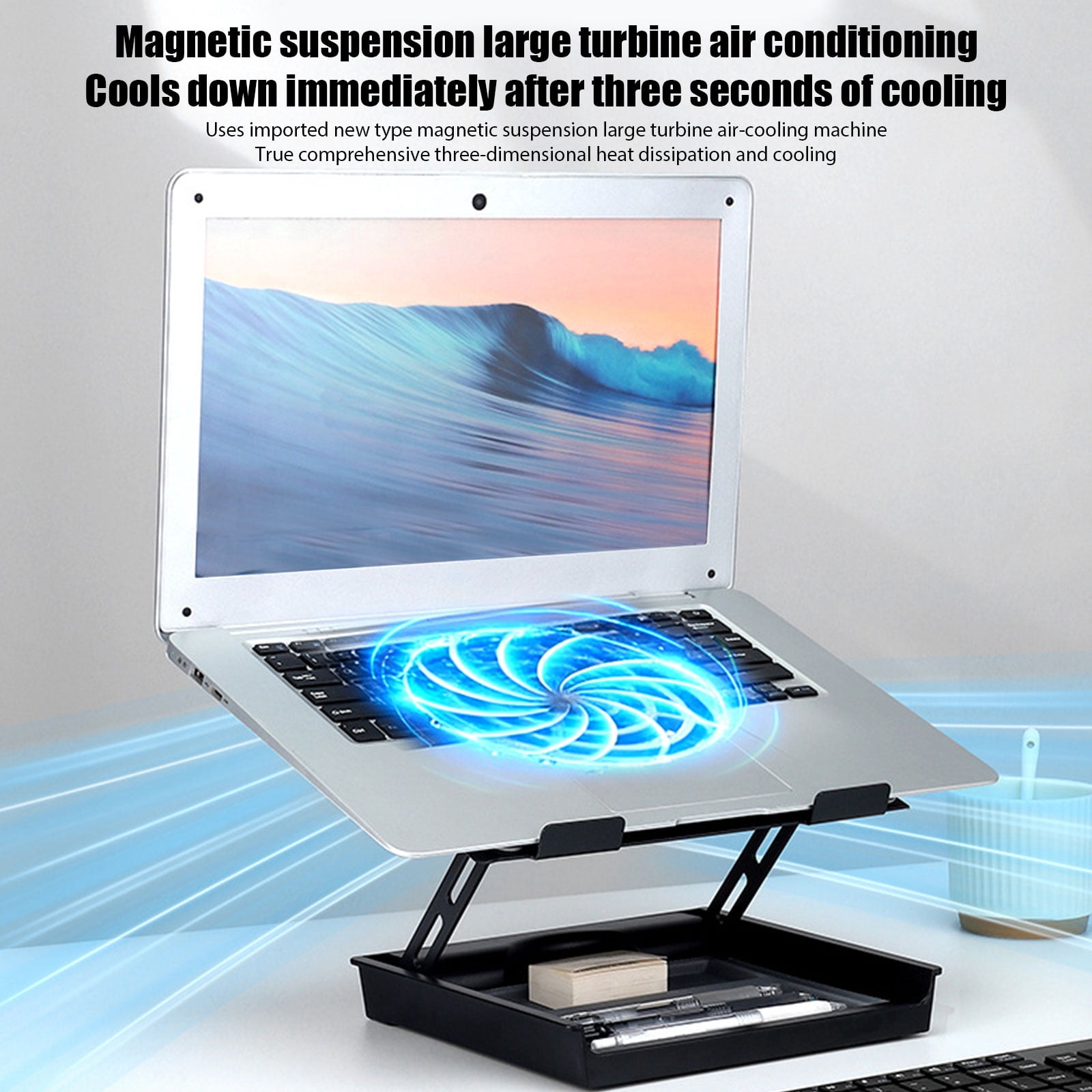 Space Saving Laptop Desk Stand Equipped With Cooling Fan And Locking Mechanism Has Built In Storage Area