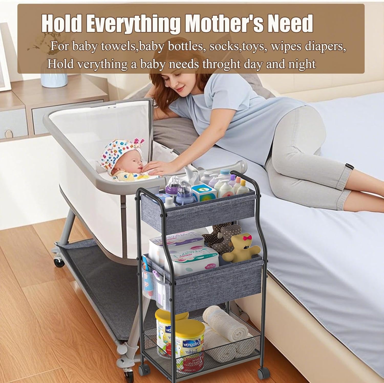 X-COSRACK 3-Tier Rolling Baby Diaper Organizer Cart, Metal Nursery Utility Cart with Wheels & Removable Dividers, Multi-Purpose Storage for Bathroom & Kitchen