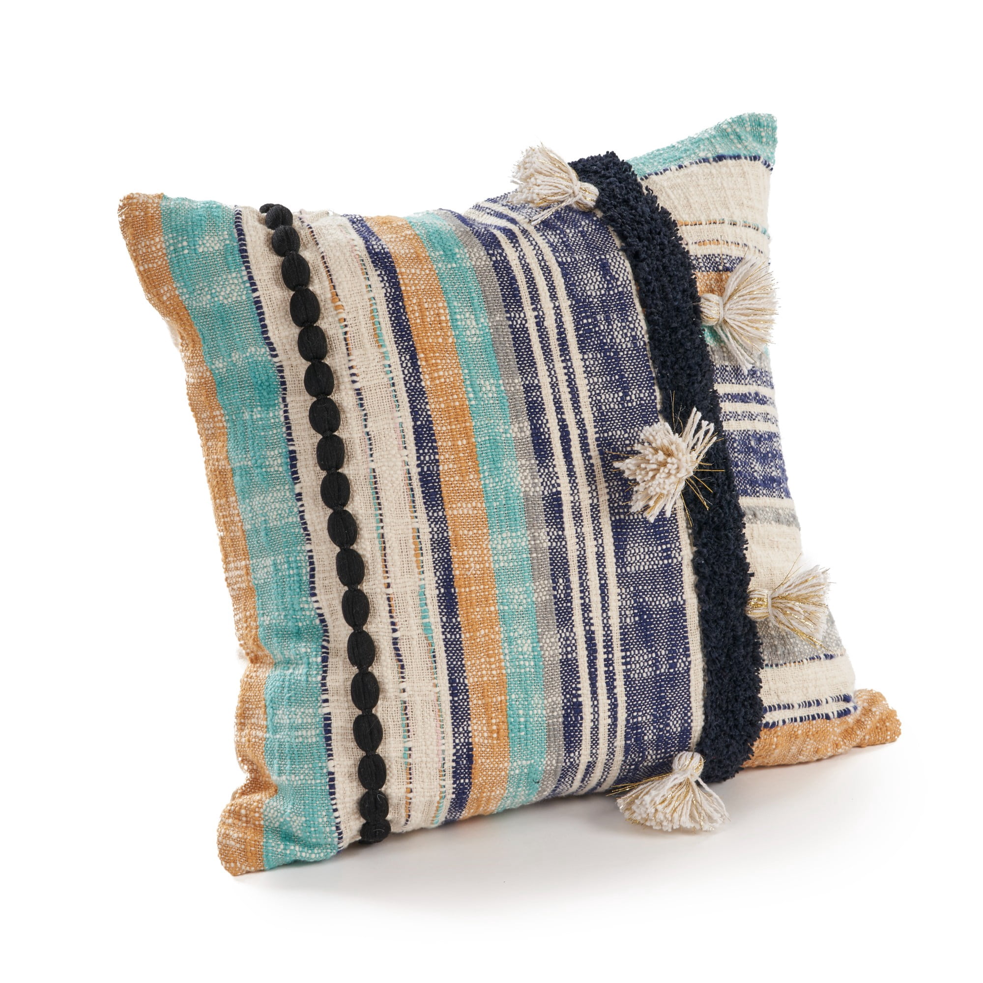 Laddha Home Designs Handwoven Coastal Geometric Striped Square Throw Pillows - 18" - Blue and Tan -