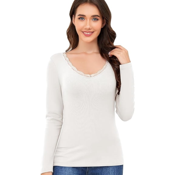 Werena Long Sleeve Shirts for Women Lace V Neck Thermal Shirt Fitted Basic Tops Plain Layering Undershirts