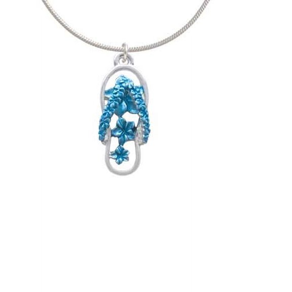 Blue Open Plumeria Flower Flip Flop Charm Necklace, 18" 2" Extender