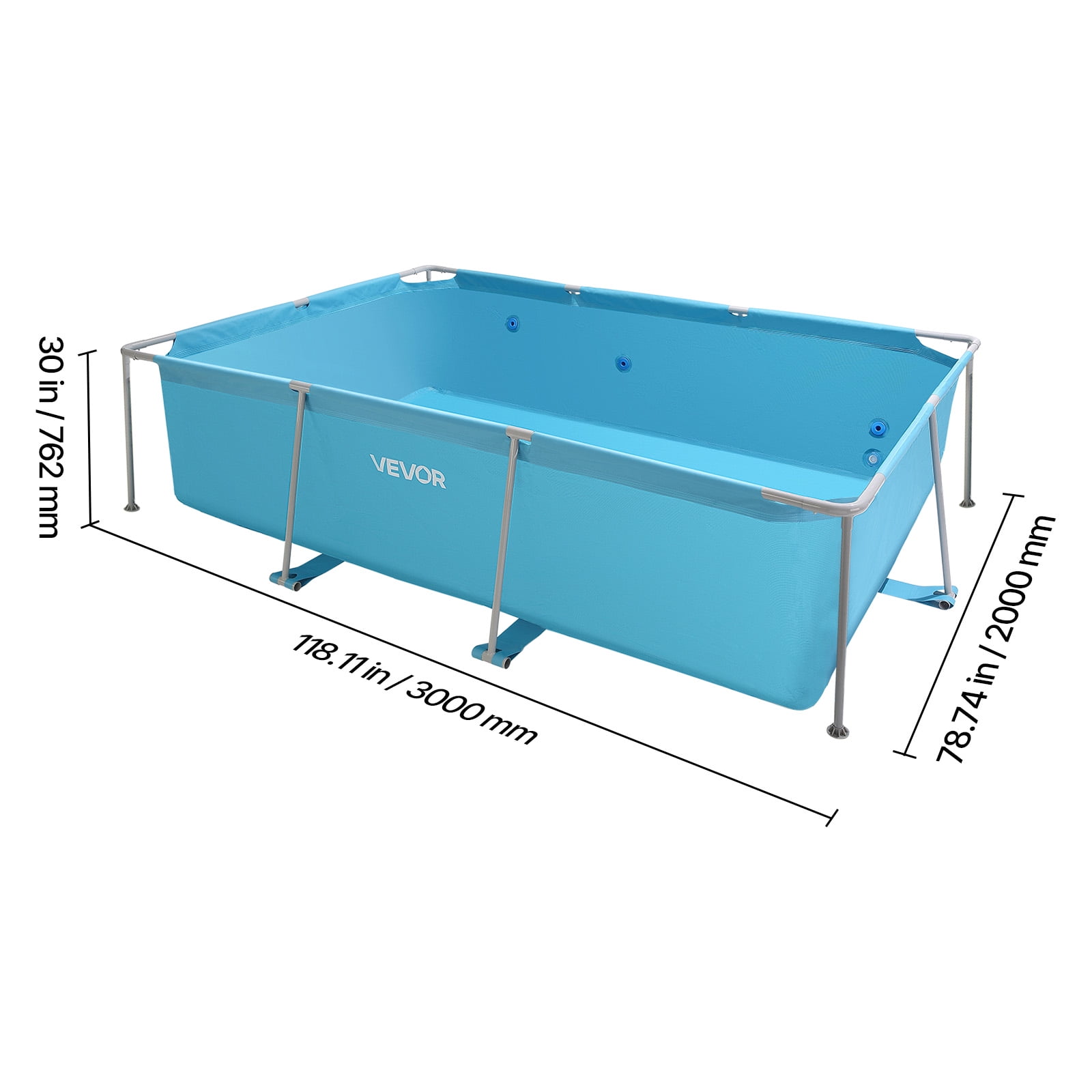 VEVOR Frame Above Ground Swimming Pool, 118 x 78 x 30 in Rectangular Steel Metal Frame, Large Rectangle Outdoor Backyard Family Pool, Easy to Assemble Rust-Resistant, 1046 Gallon Water Capacity, Blue