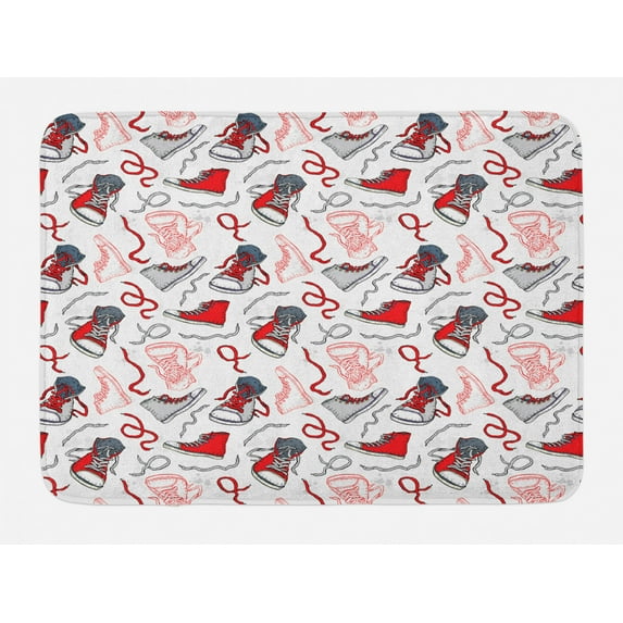 Modern Bath Mat, Sport Shoes Sneakers Hobby Casual Fashion Teenage Old School Illustration, Non-Slip Plush Mat Bathroom Kitchen Laundry Room Decor, 29.5 X 17.5 Inches, Vermilion White Grey, Ambesonne