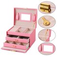 thumbnail image 3 of Caja organizadora de joyas de 3 capas con cuero de PU, joyero de viaje con espejo para pendientes, anillos, pulseras, collares, regalo para niñas, 16,5*13*12 cm, 3 of 5