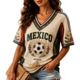thumbnail image 2 of Mexico 2026 Soccer Cup Fan Jersey for Women, V-Neck Short Sleeve T-Shirt with Vintage Floral & Soccer Graphic Print, Breathable Casual Sports Tee Pullover Top, 1 PC Khaki L, 2 of 5