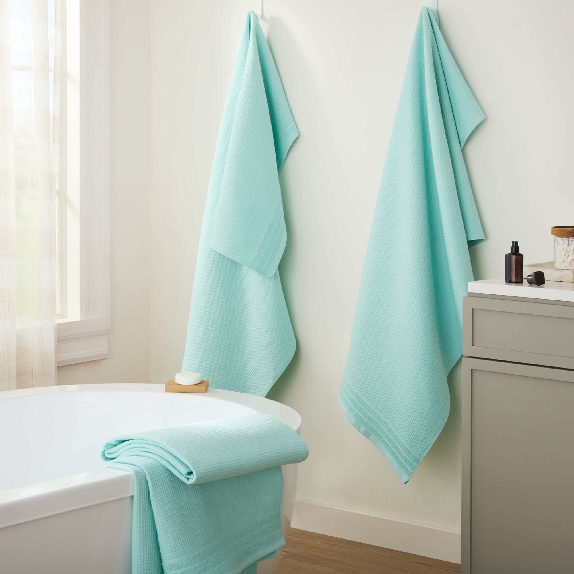 TOWN & COUNTRY BASICS 4-Piece Waffle Woven Terry Stripe Bath Towel Set, 30x56-Inch, 100% Cotton, Quick Dry, Aqua