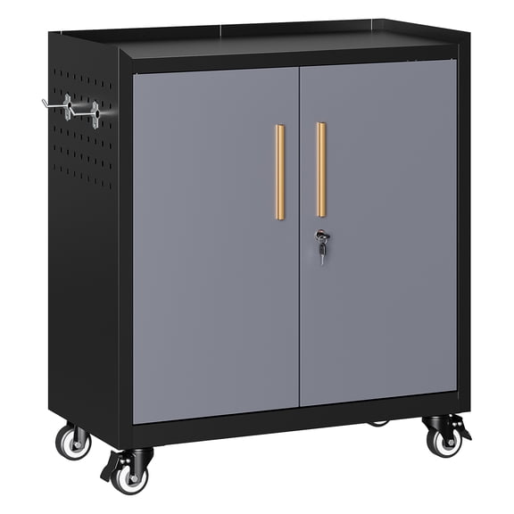 Fesbos Mobile Metal Garage Storage Cabinet with Wheels, Side Pegboard & Locking Doors, Steel Tool Cabinet with Adjustable Shelves and Top Work Surface, Garage Workshop Office, Black Gray