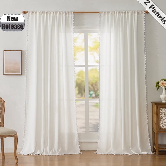 White Curtains for Bedroom 63 Inches Light Filtering with White Tassels Bohemian Farnhouse French Country Drapes Kitchen Window Treatment, Semi Sheer Farmhouse Curtains Rod Pocket 52x63