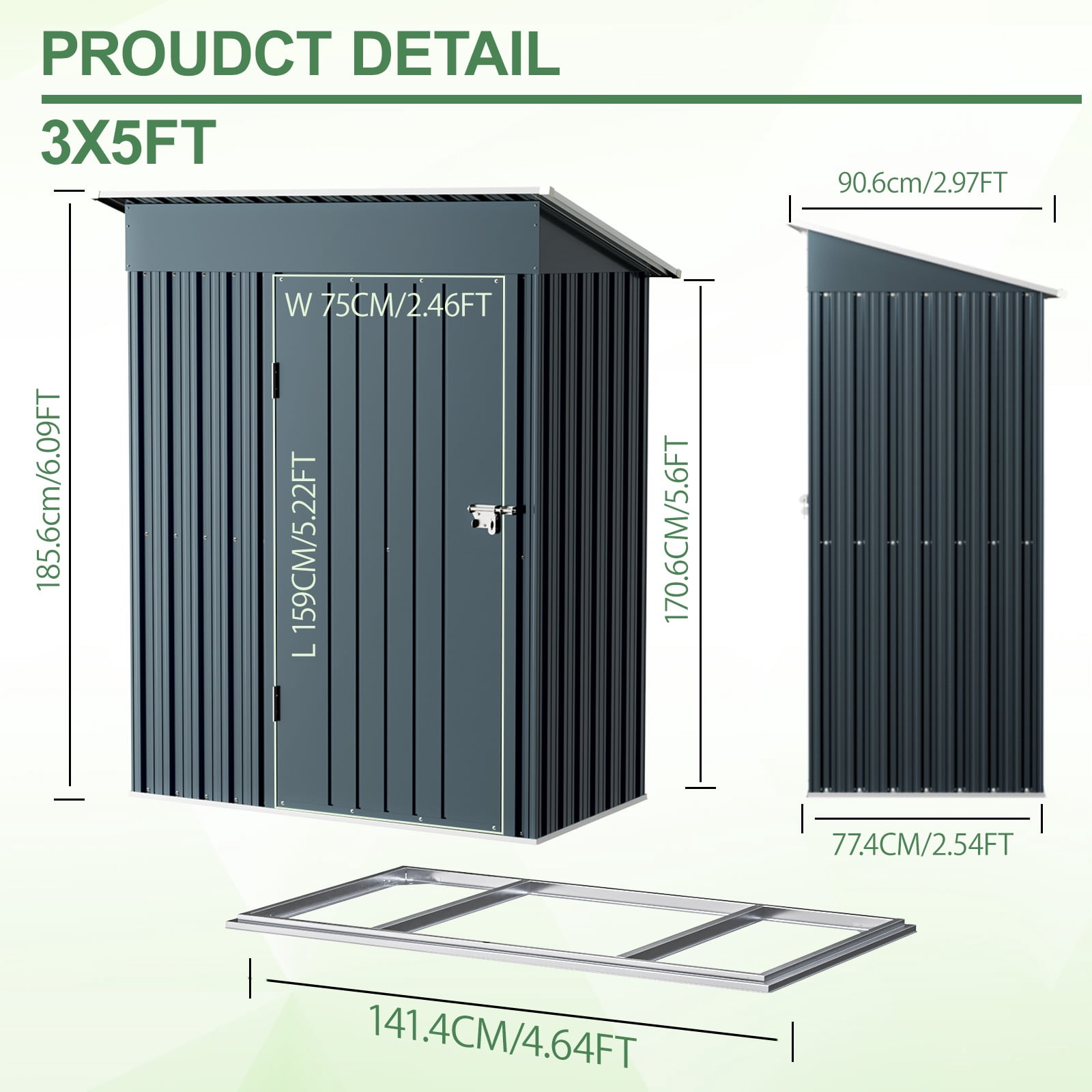 Outvue Outdoor Storage Shed 5 x 3, Metal Patio Storage Shed with Frame Floor & Lockable Door
