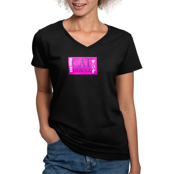 CafePress - Cat Herder 2 Fusia Web Png - Women's V-Neck Dark T-Shirt