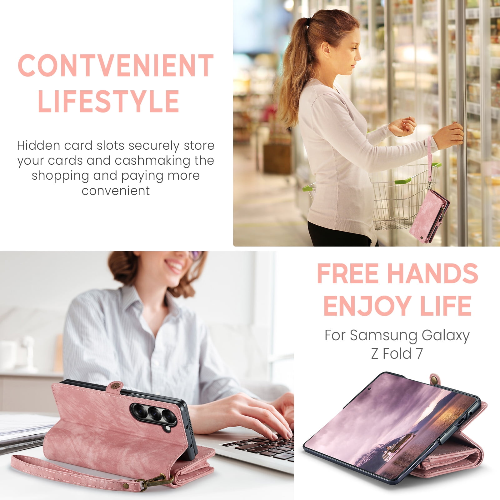 Feishell Durable 2- In-1 Magnetic Detachable Wallet Case for Samsung Galaxy Z Fold 7,for Women Men,Premium PU Leather Zipper Pocket Flip Multi Card Slots Purse Phone Case with Wrist Strap,Pink