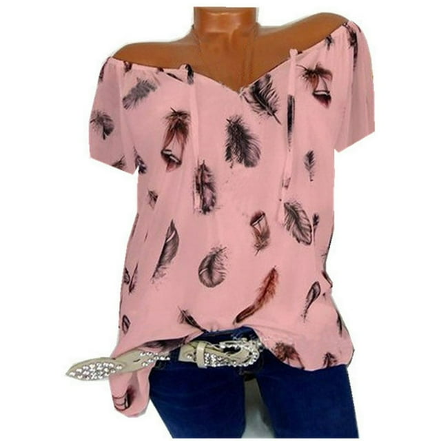 PENGXIANG T-Shirt à Manches Courtes Imprimé Col en V Ample d'Été pour Femmes