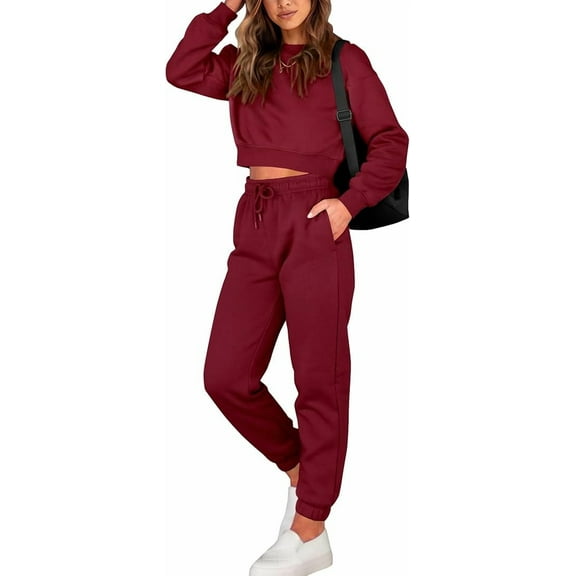 FreshPretty Women 2 Piece Outfits Long Sleeve Crop Top Pullover Drawstring Pant Jogger Set Casual Sweatsuits Tracksuit Pockets