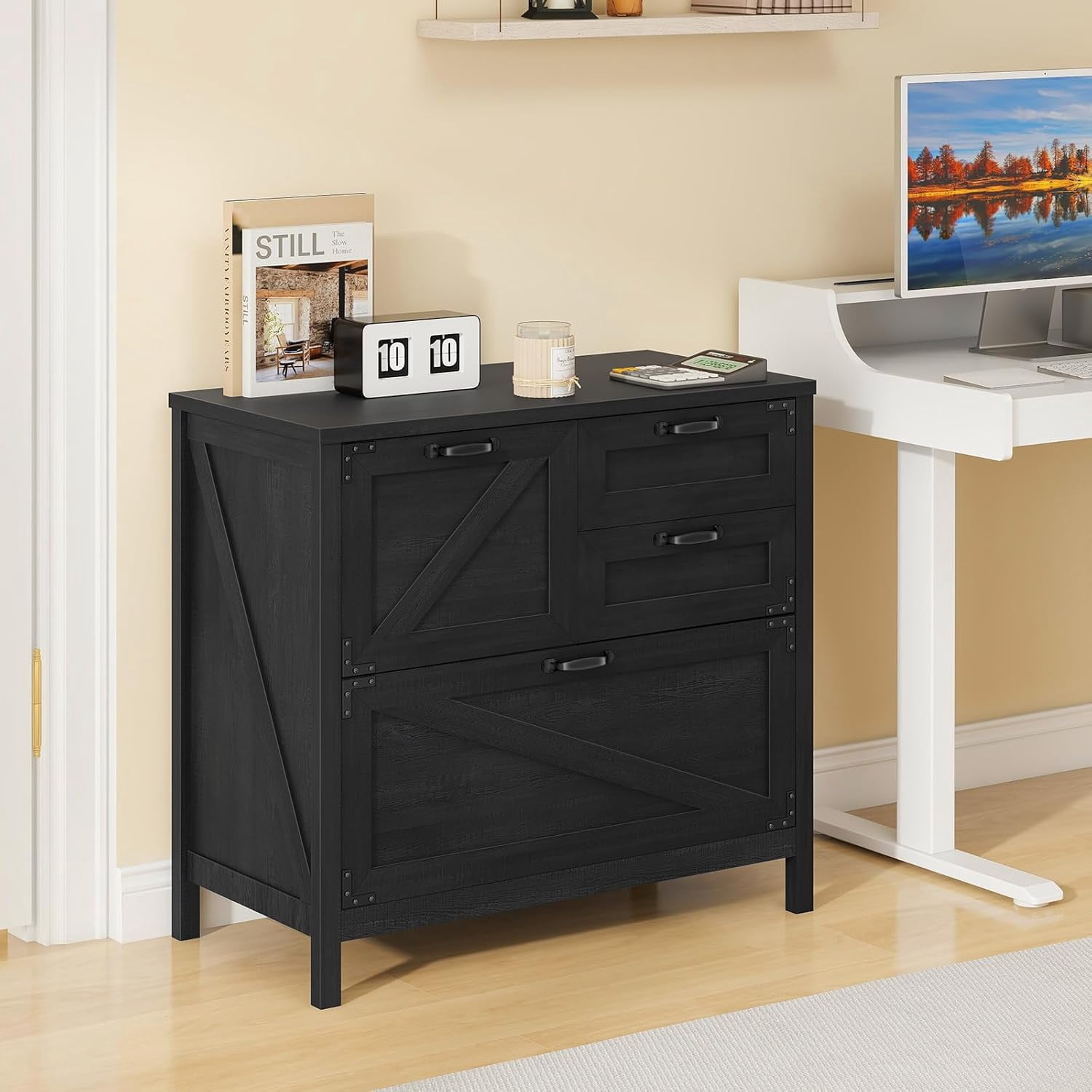 Vabches Lateral File Cabinet with 4 Drawers, Farmhouse Large Wood File Storage Cabinets Printer Stand for Home Office Cabinet