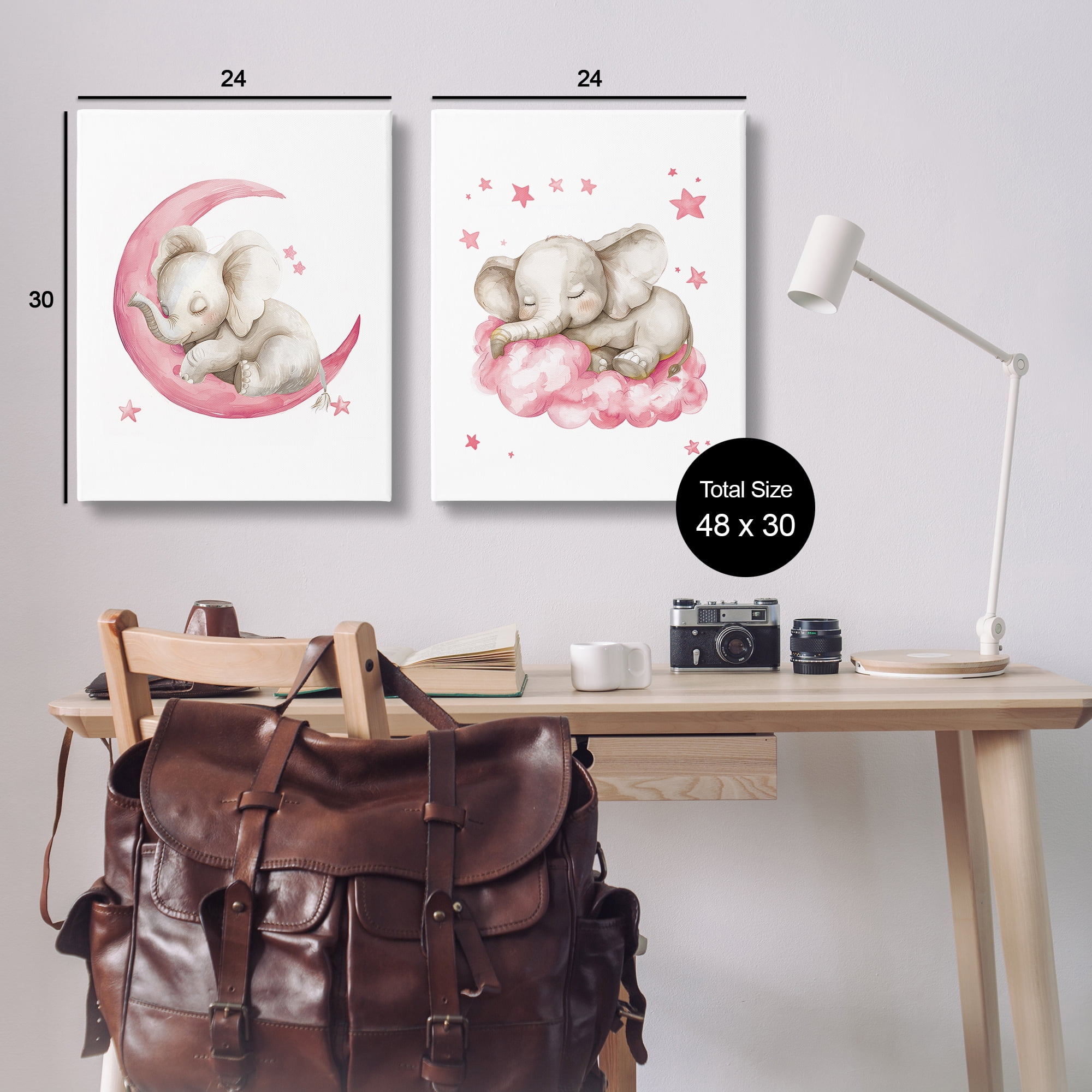 Stupell Industries Pink Sleepy Elephant Animals Painting Wrapped Canvas Art Print Wall Art, 24 x 30, Set of 2