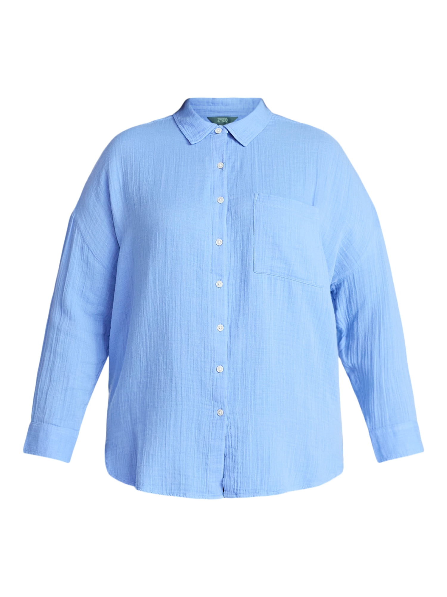Terra & Sky Women's Plus Size Double Cloth Boyfriend Shirt, Sizes 0X-5X