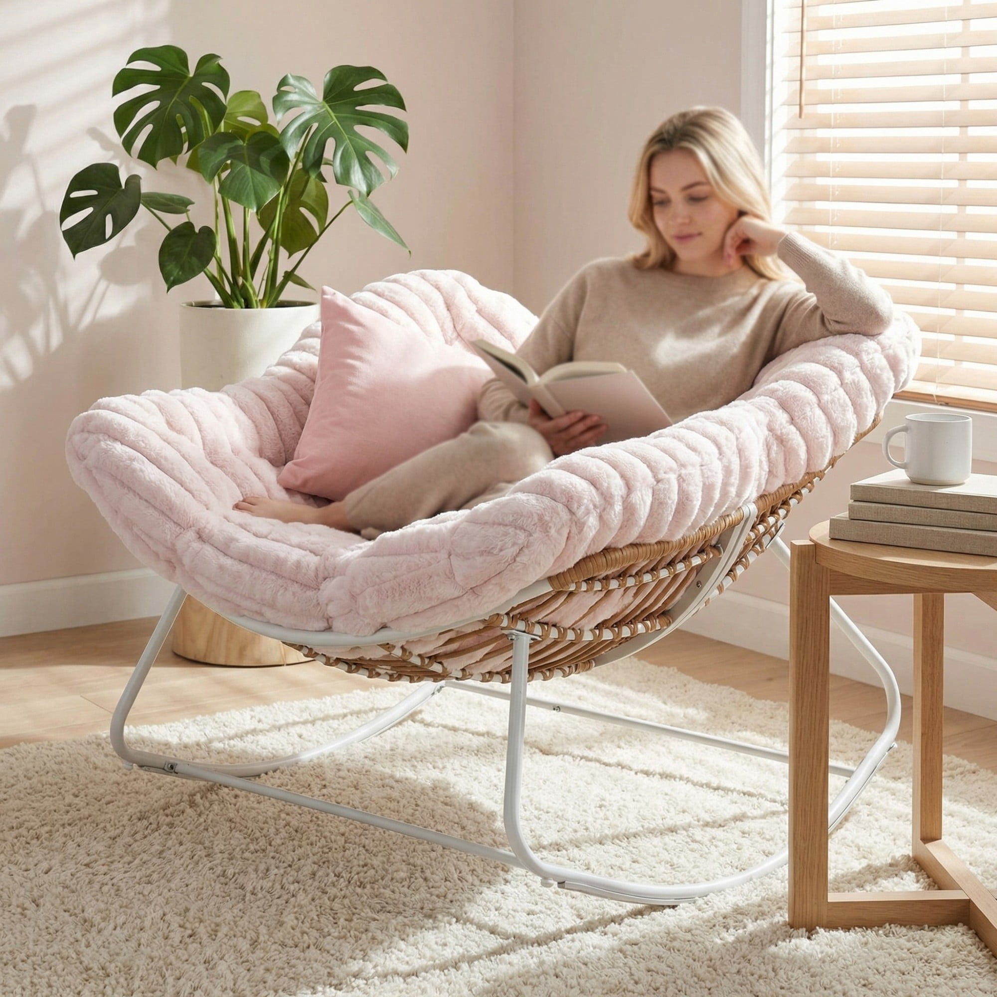 Papasan Rocking Chair Oversized, Rattan Outdoor Rocker with Deep Seat Thick Cushion, Patio Rocking Chair for Porch Bedroom Garden, Pink & White