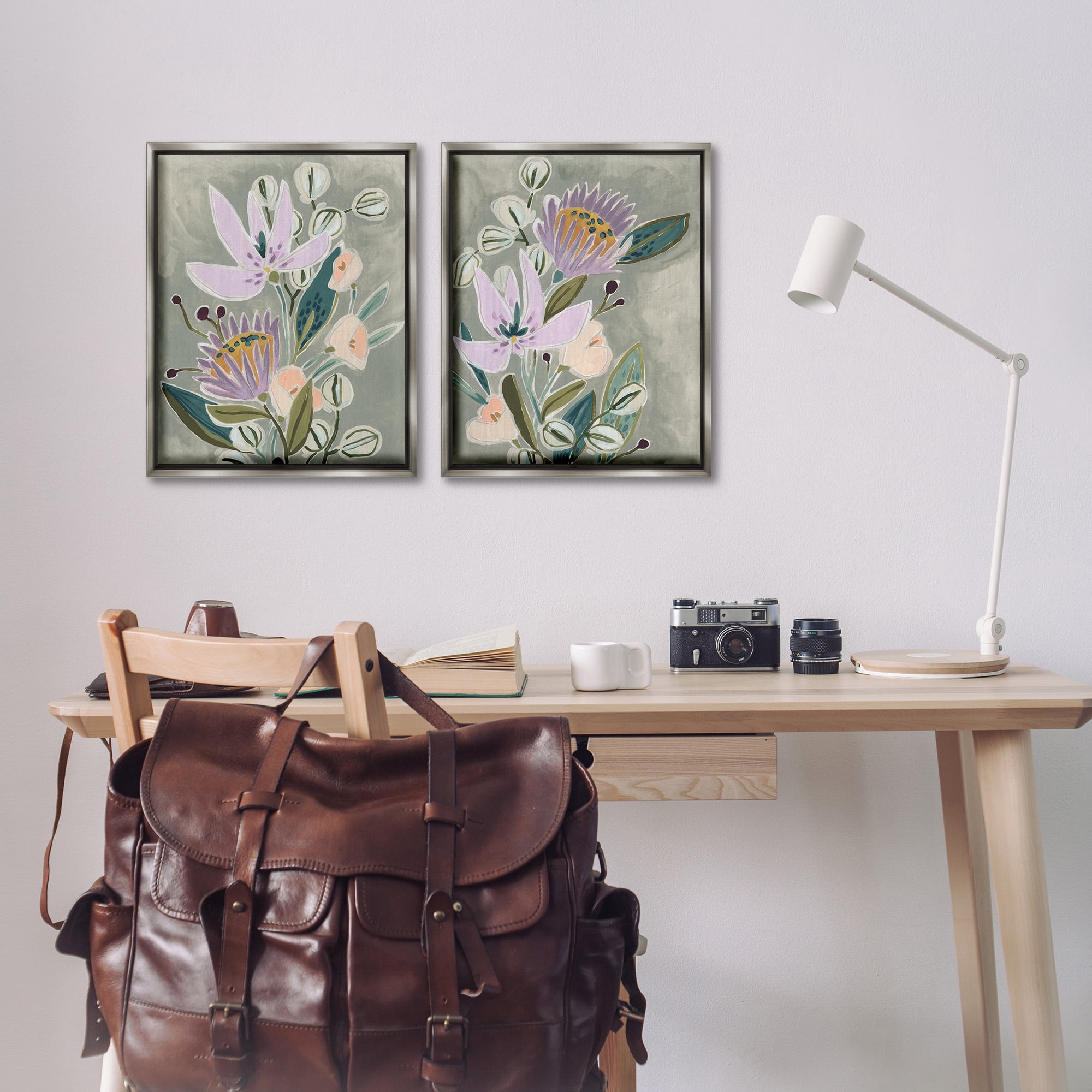 Stupell Industries Abstract Purple Floral Arrangement Botanical & Floral Painting Gray Floater Framed Canvas Art Print Wall Art, 17 x 21, Set of 2