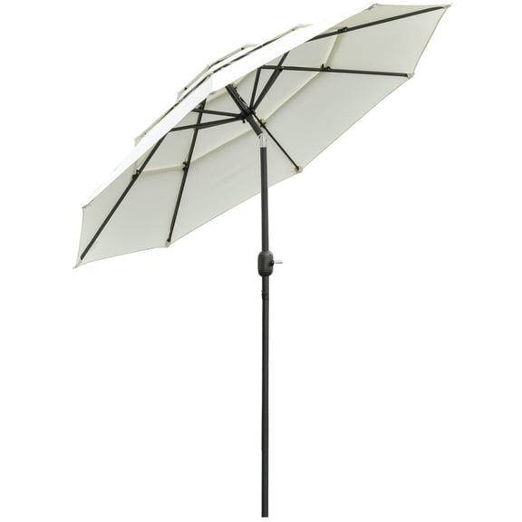 Beige 9ft Outdoor Patio Umbrella with Crank Tilt, 3-Tier Market Umbrella for Deck and Backyard