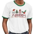 thumbnail image 2 of Smiley Jesus Is the Reason Christmas Ringer Tee Shirt Unisex 2X-Large White/Kelly Green, 2 of 5