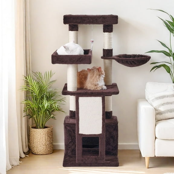 PET FULED Cat Tree, 50.79" Multi - Level Cat Tower with Plush, Sisal & Interactive Toy, Brown   Apricot