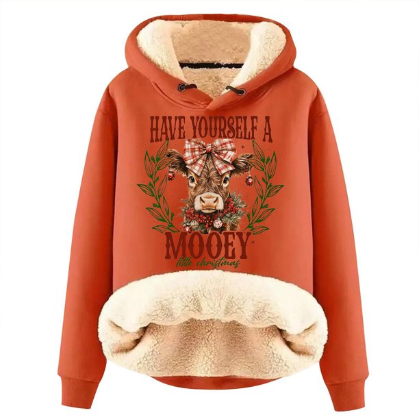 WILLBEST Sudadera con Capucha para Mujer Have Yourself A Mooey Little Christmas, Sudadera con Capucha de Terciopelo Grueso, Cálida y Holgada Grande