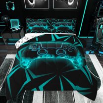 jejeloiu Teens Video Game Queen Comforter Set,Boys Gamepad Console Bedding Sets,Cyan Black Bedding Comforter Set For Kids,Microfiber Bedroom Decor Reversible,3-Piece