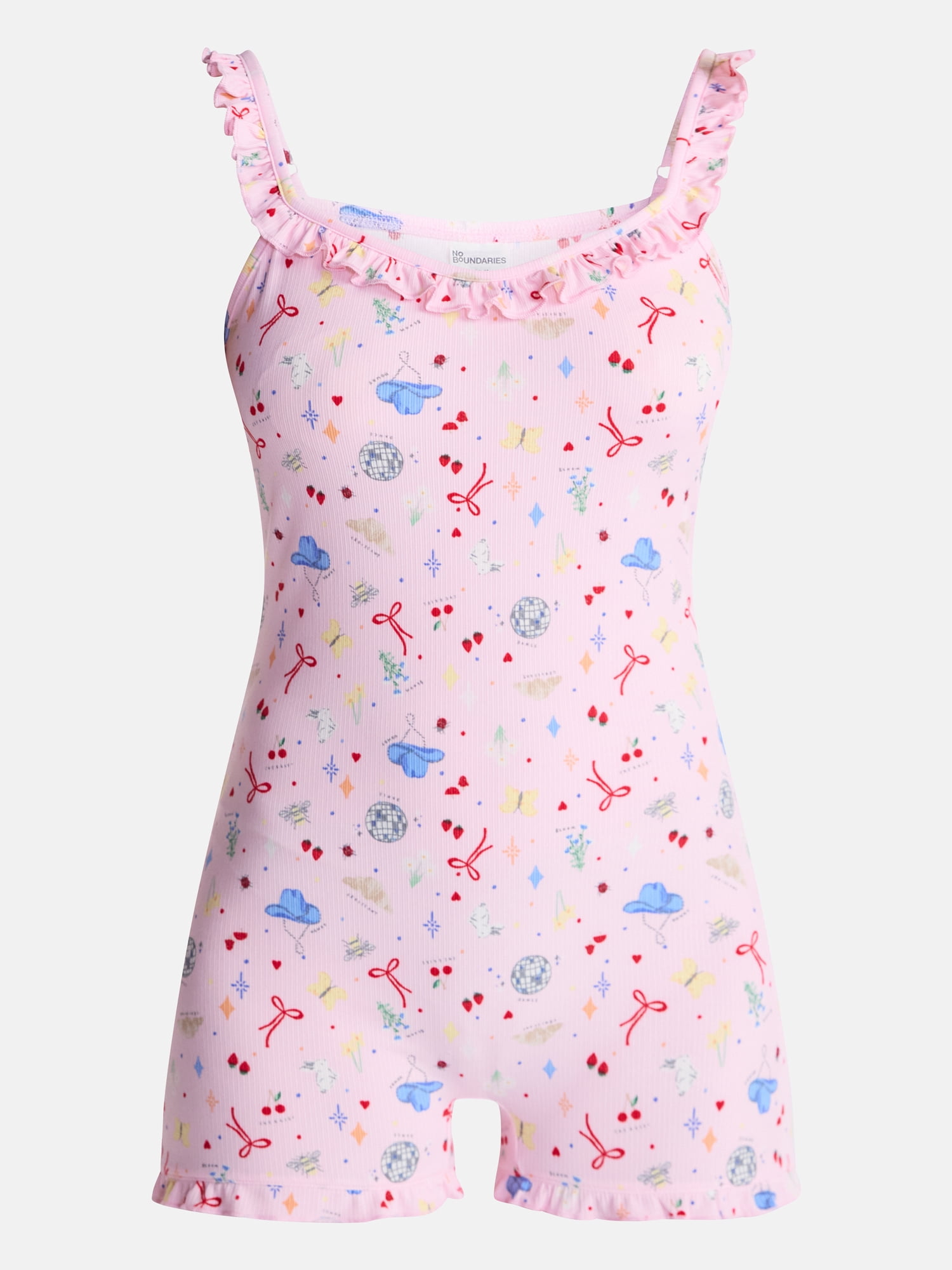 No Boundaries Ruffle Neck Sleep Romper, Women's XS-XXL