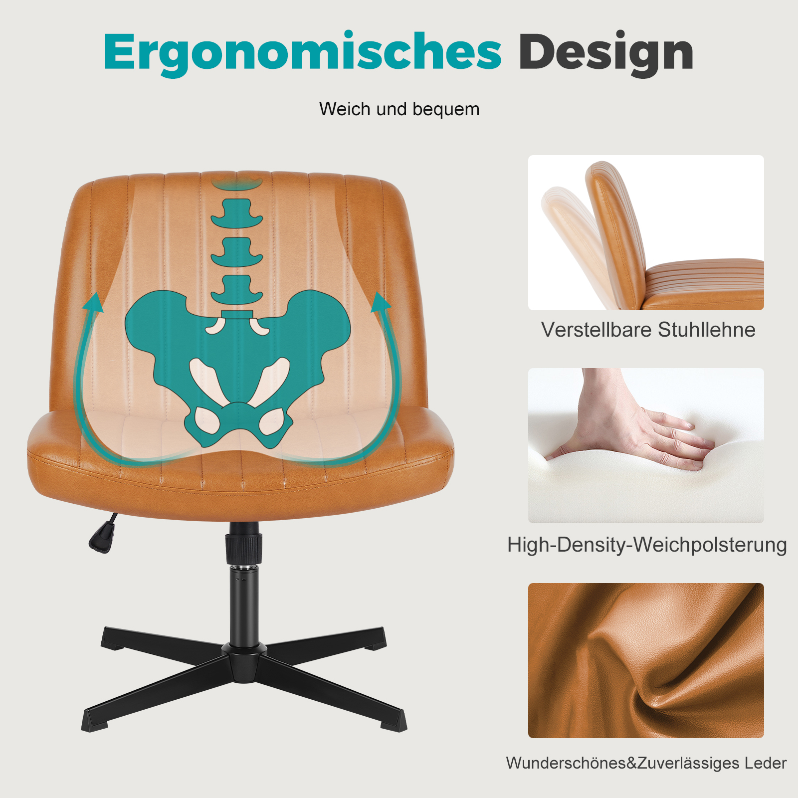Concetta Armless Criss Cross Legged Desk Chair, Brown photo 6
