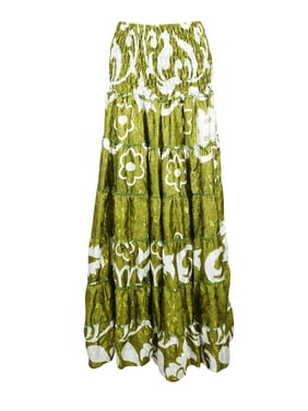 Mogul Women Green Maxi Skirt Floral Print Recycled Sari Coverup Summer Beach Skirts S/M