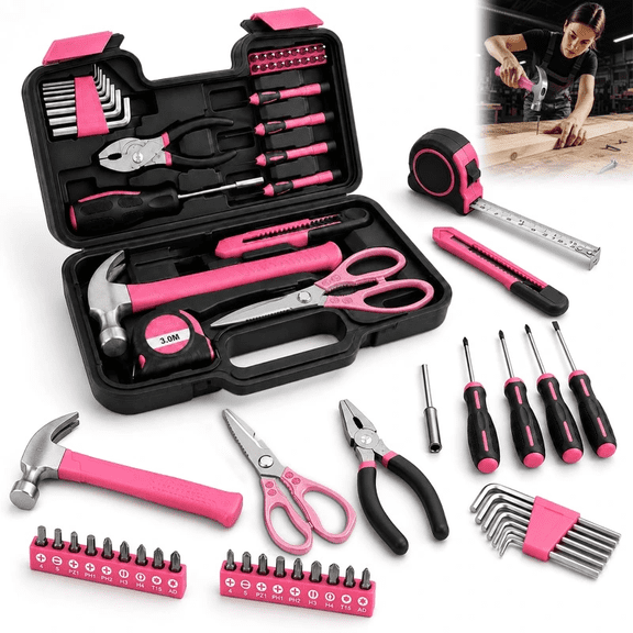 39-piece pink tool set, compatible with home decoration and repair tool kits, multi-functional wrench and screwdriver manual tool set, suitable for home maintenance and car emergency care