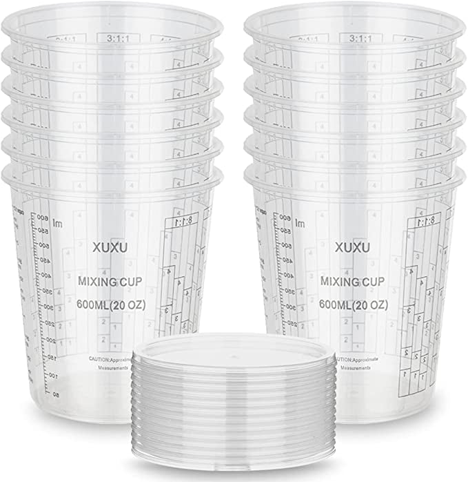 12pack,20ounce Clear Plastic Mixing Cup with Lids Resin Multiple Calibrated Mixing Ratios and ML Epoxy Measurements in OZ Art Paint and Epoxy Mixing Cups Container for Paint 