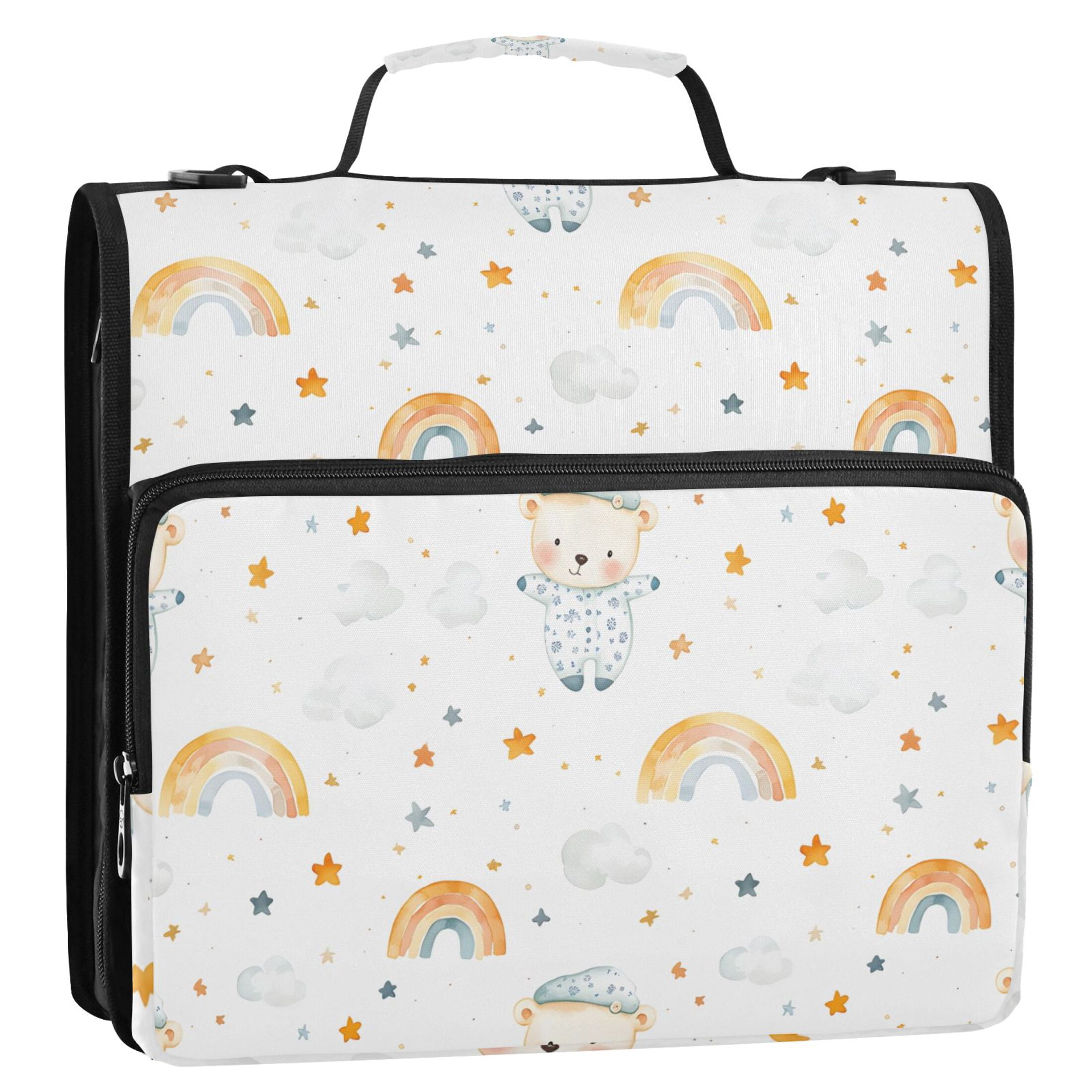 3 Ring Zipper Binder with Shoulder Strap Waterproof Trapper Keeper 2 Inch D-Ring 500 Sheets Capacity Cartoon Bear Rainbow Star Cloud