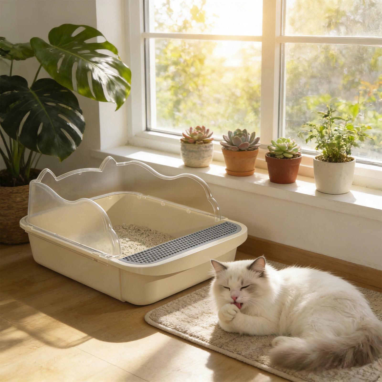 Msgweeeg Semi Enclosed High Bar Cats Litter Box Splash Proof Design with Cat Shovel Easy Clean Comfortable for Home Neat Hygiene Odor Control for Multiple Cats Modern Style