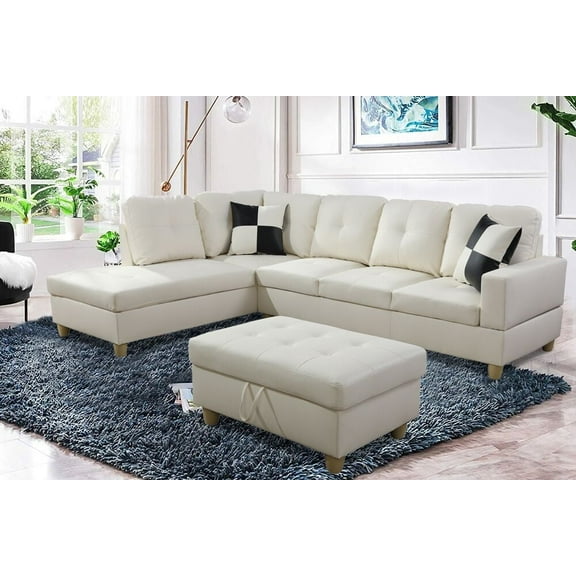 PonLiving Cream 103.5'' Left Facing Sleeper Sectional with Storage Ottoman, Living Room Sectional Couches Set, White Leather