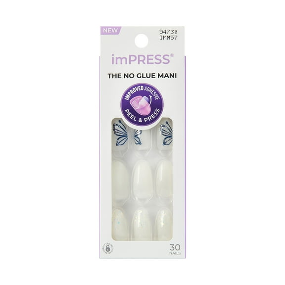 KISS imPRESS Design  Press on Nails, Dazzle, White, Medium Almond, 30 Count
