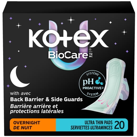 Serviettes ultraminces de nuit Kotex BioCare avec ailes, absorption élevée, 20 unités