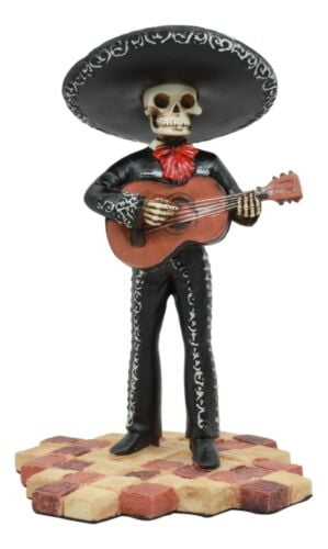 Traditional Folk Mariachi Band Black Skeleton Guitarist Statue Day Of The Dead 