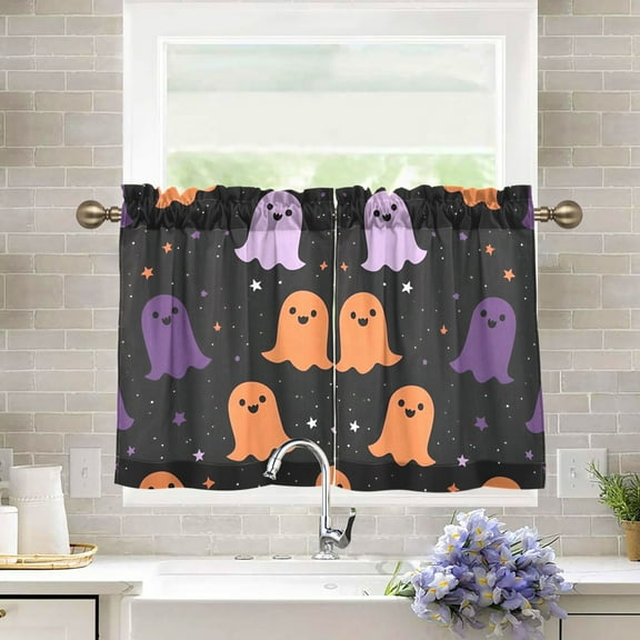 Yayeee Kitchen Curtains Tier Pair Light Filtering 27"x36" Rod Pocket Short Cafe Window Panel, Halloween Orange Ghosts