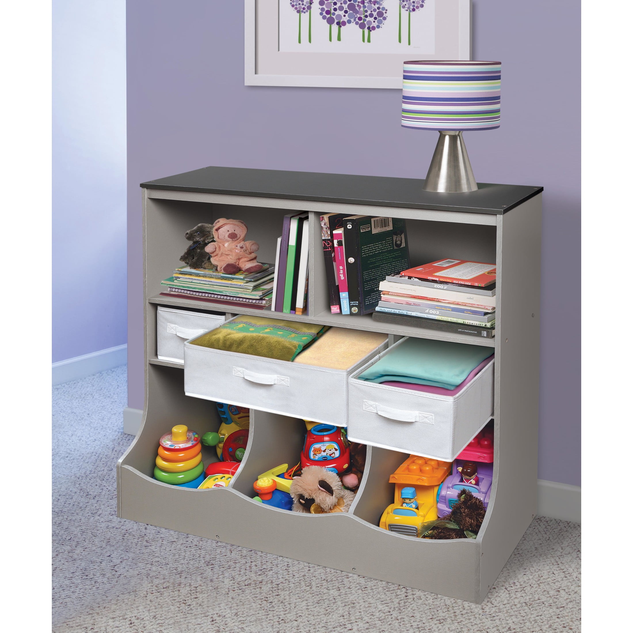 Badger Basket Combo Bin Wood Toy Storage Organizer with Three Baskets 8.6 Cu ft.- Gray