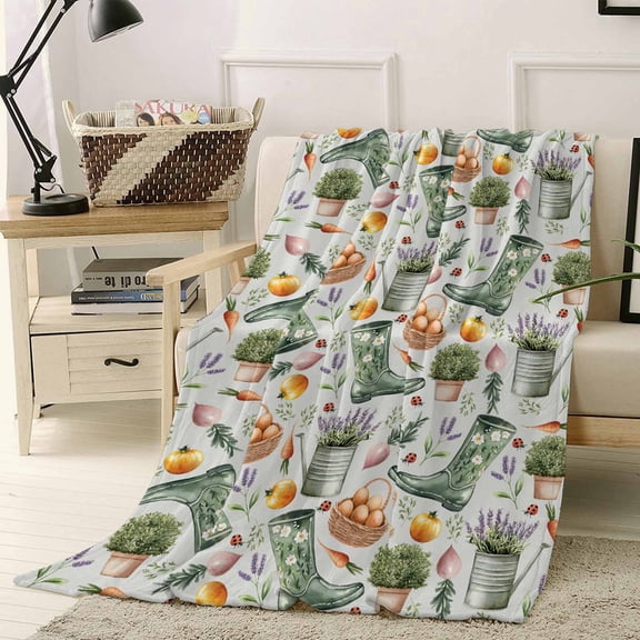 Fleece Blanket Green Boots Lavender Flower Blankets, Soft Cozy Warm Flannel Throw Blanket, Abstract Farm Scenery Blanket for Bed Couch Sofa,40x50In