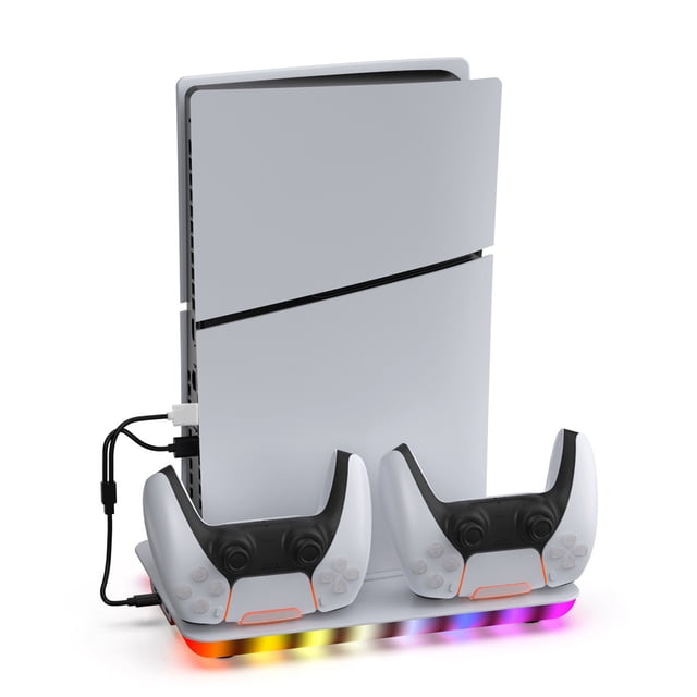 Vertical Cooling Stand with Dual Controller Charging Dock for PS5/PS5 Slim Disc & Digital Edition, Adjustable RGB Charging Base, Console Cooling Station Accessory